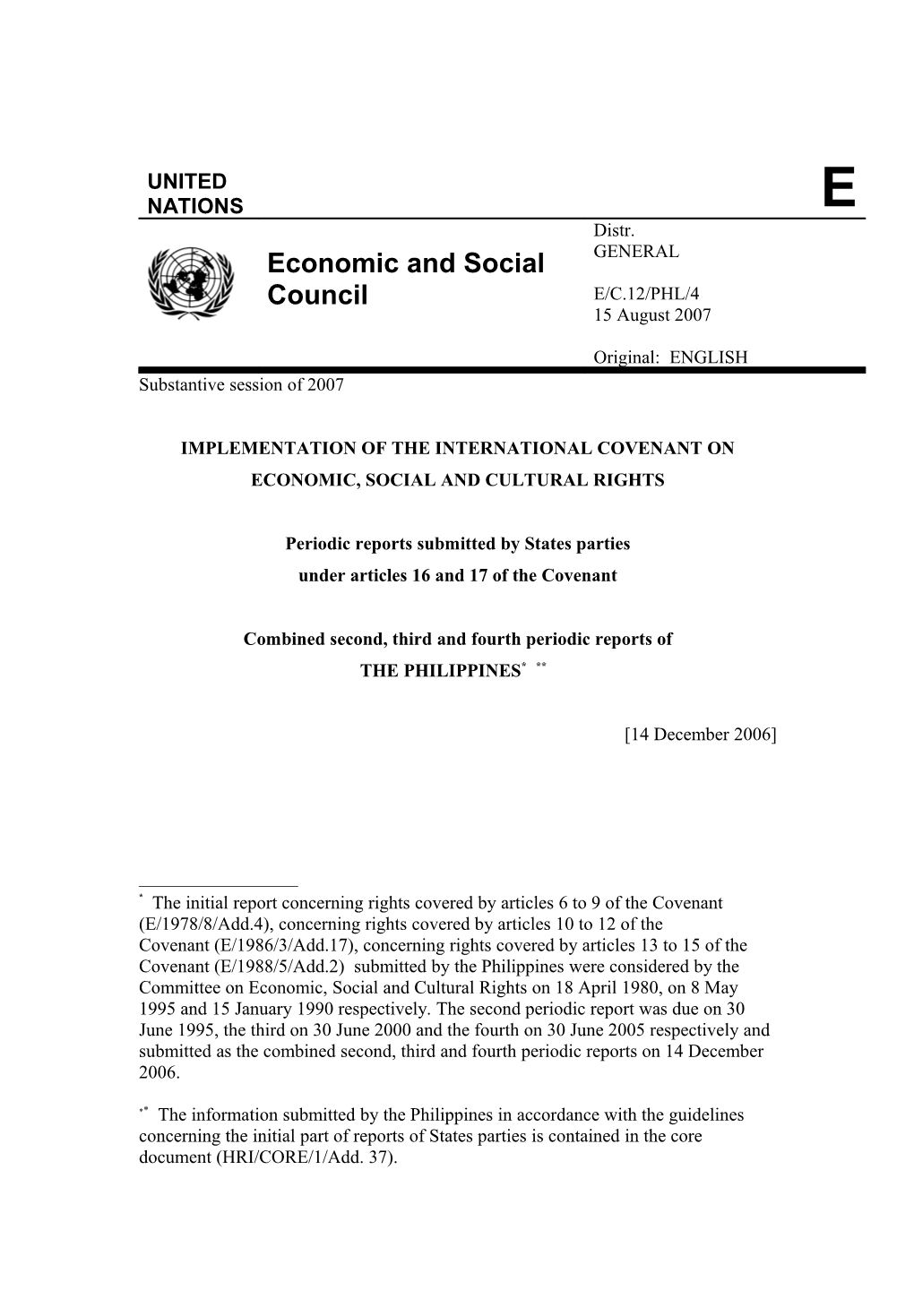 Implementation of the International Covenant on Economic, Social and Cultural Rights