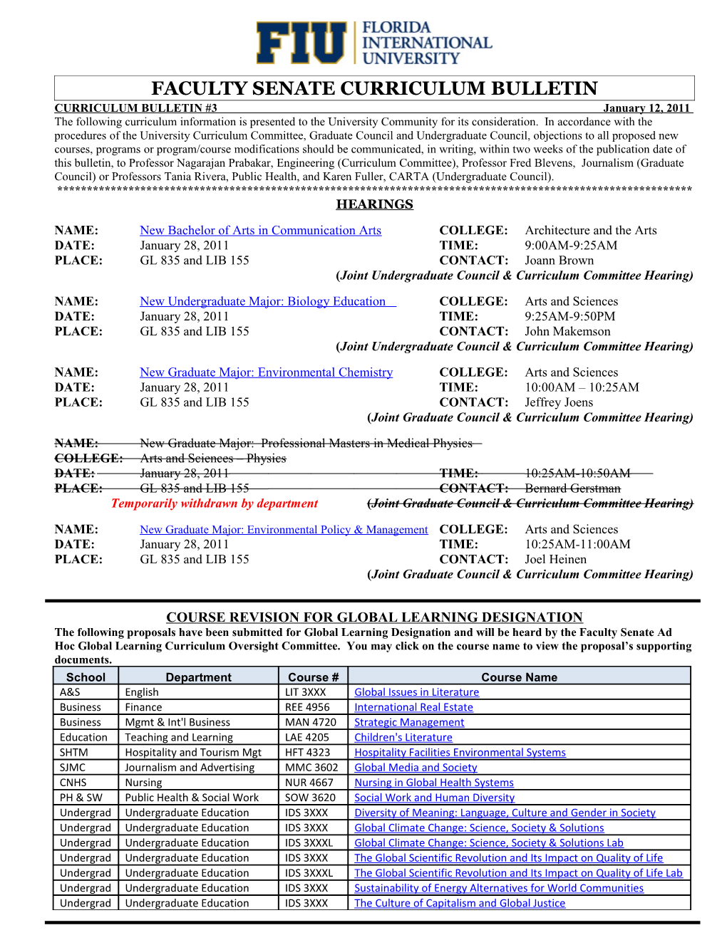 Faculty Senate Curriculum Bulletin