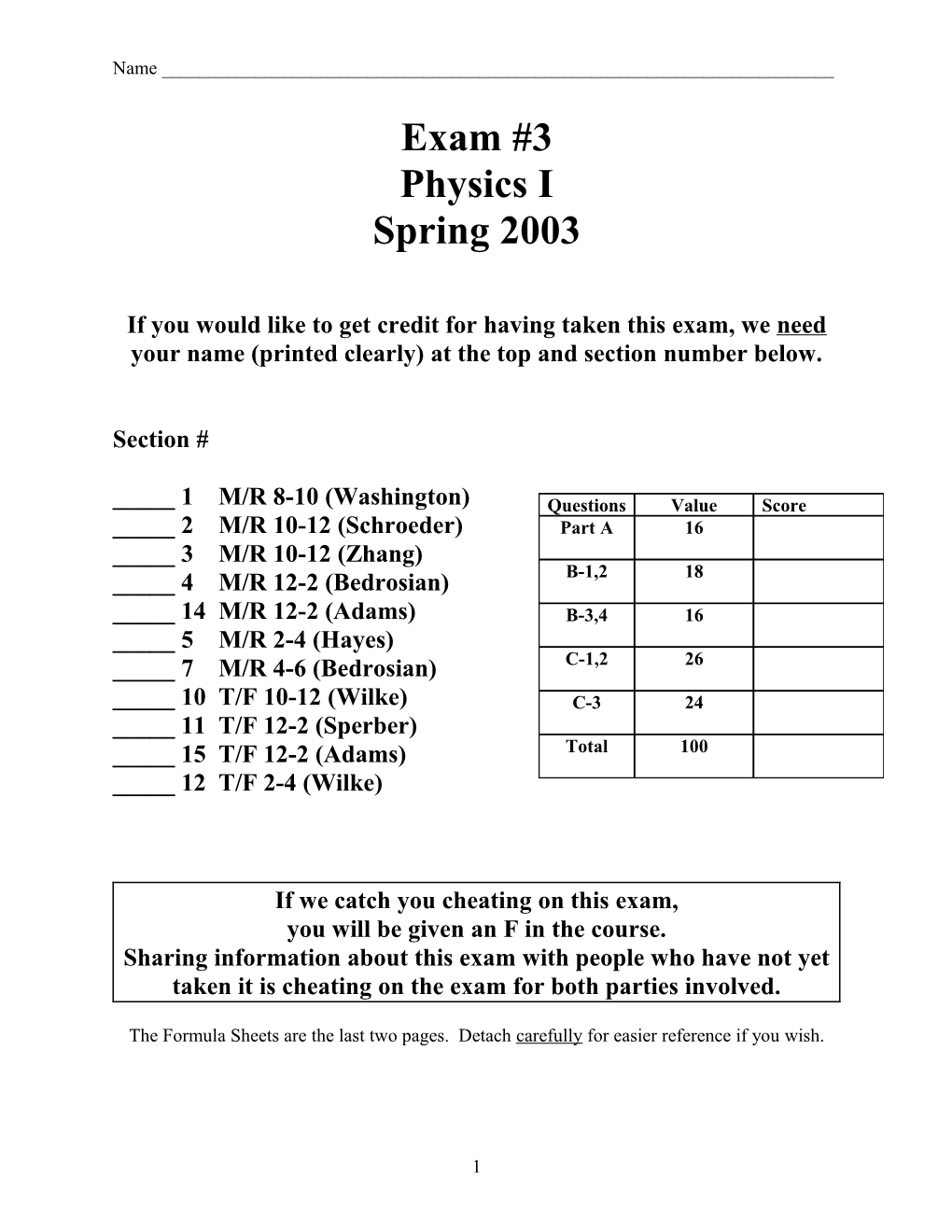 Physics I Exam 3 Spring 2003