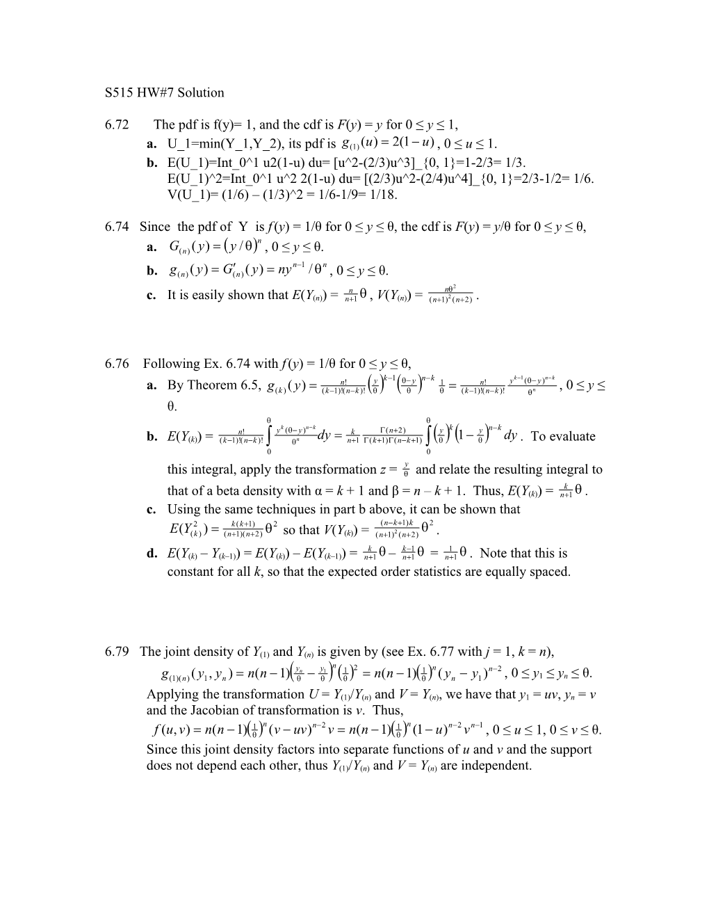 6.72 the Pdf Is F(Y)= 1, and the Cdf Is F(Y) = Y for 0 Y 1