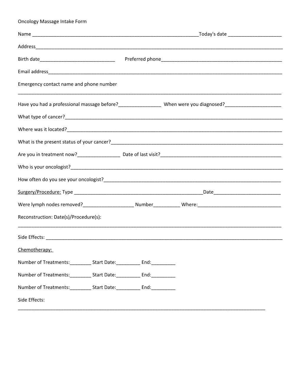 Oncology Massage Intake Form