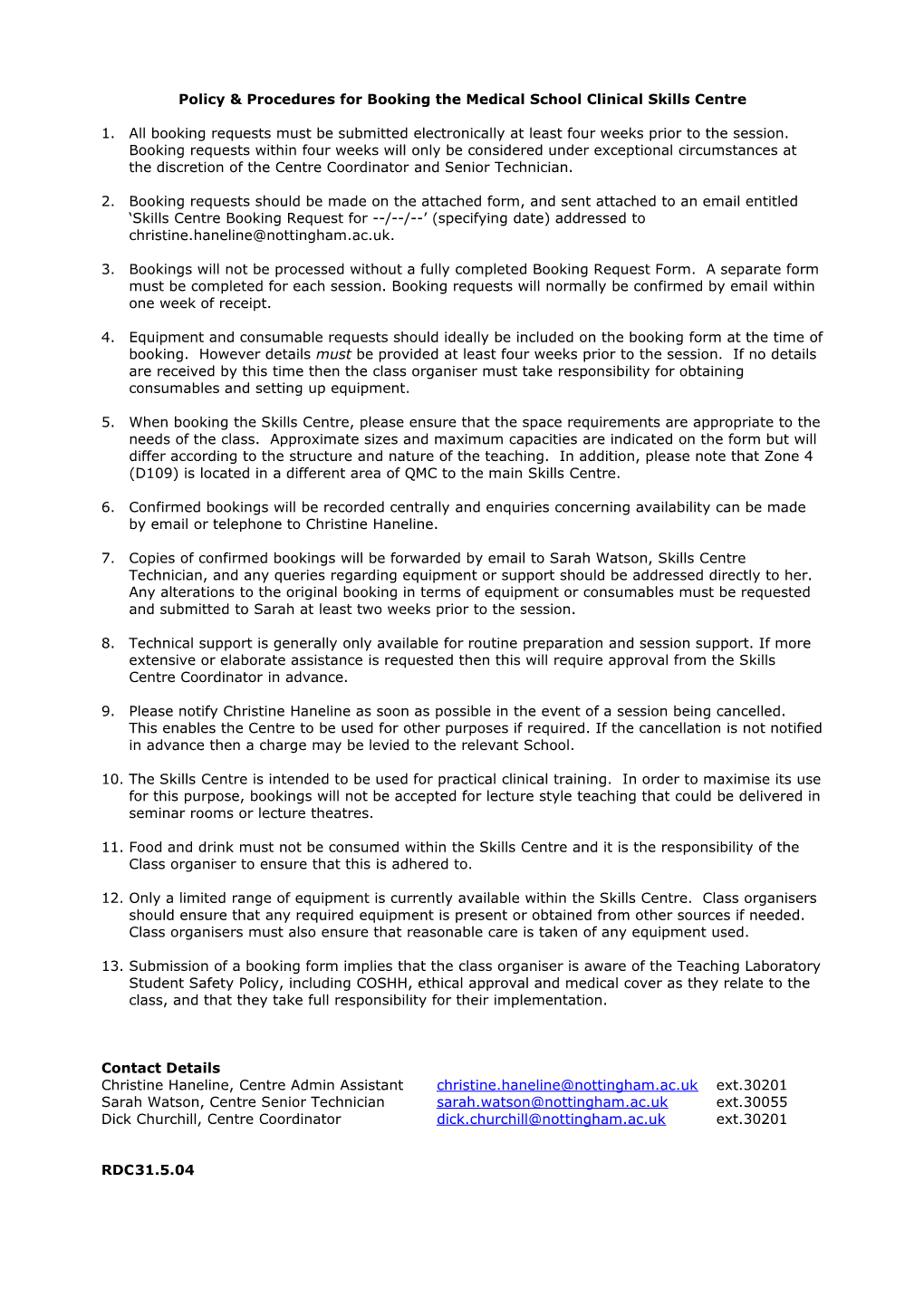 Clinical Skills Laboratory Booking Form