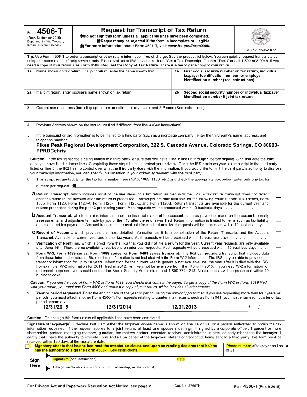 Form 4506-T (Rev. 9-2015) Page 1