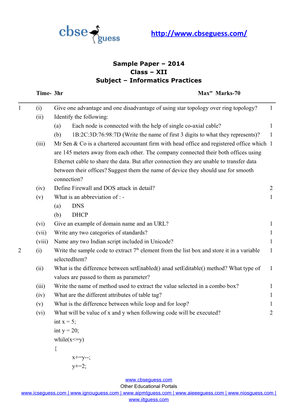 Sample Paper 2014 Class XII Subject Informatics Practices