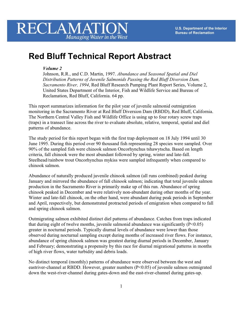 Red Bluff Technical Report Abstract, Volume 2