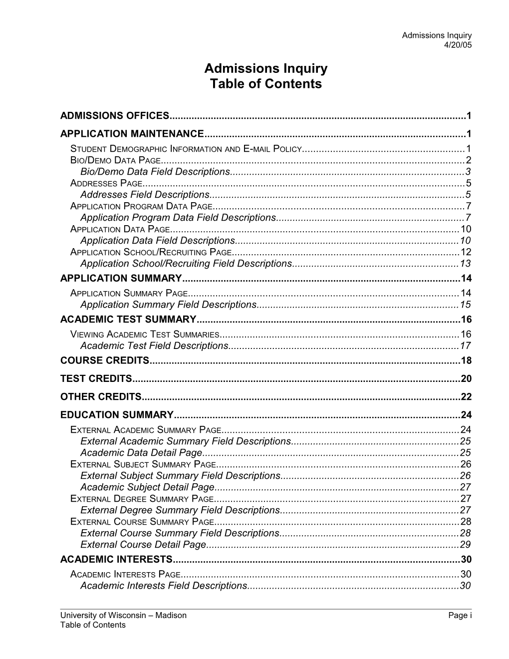 Admissions Inquiry Table of Contents