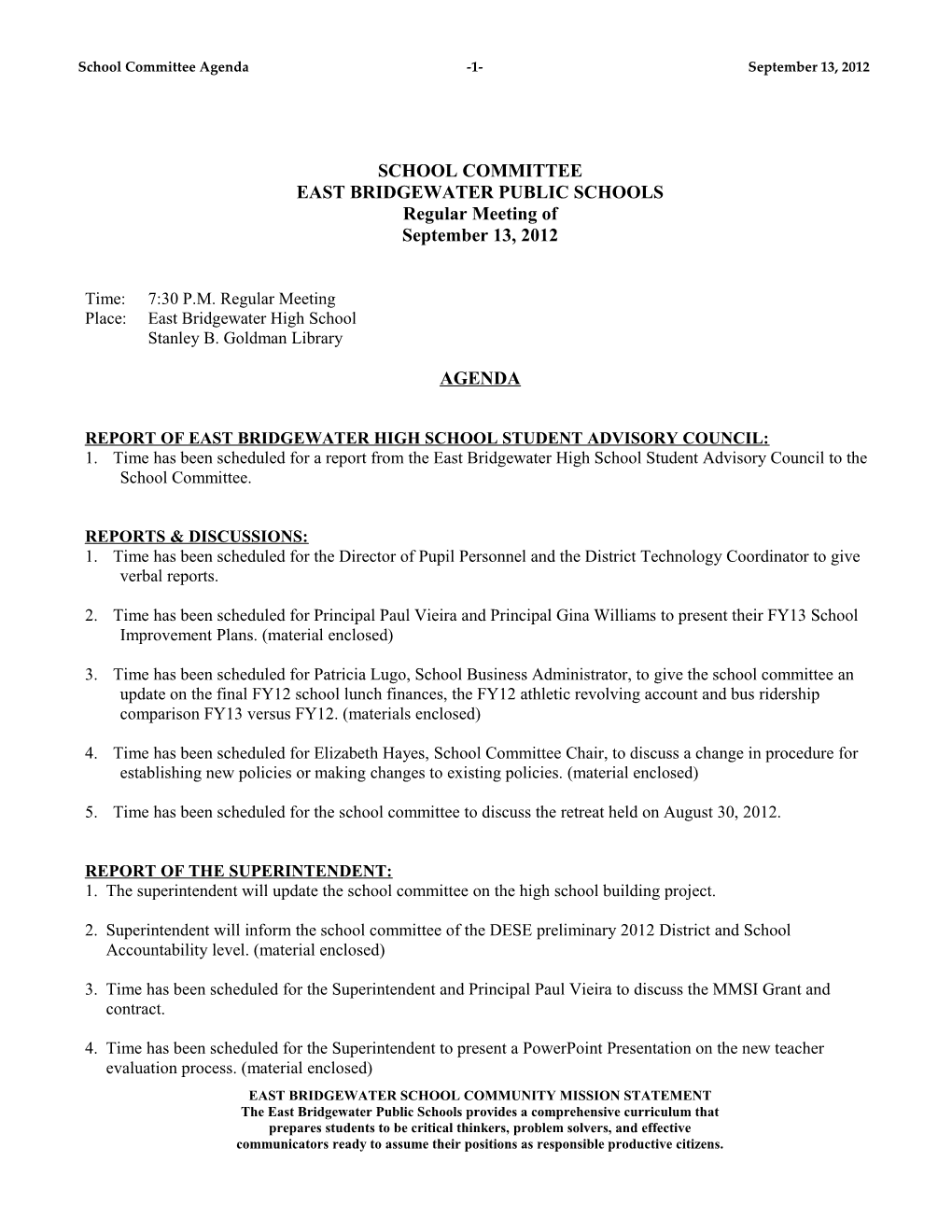 School Committee Agenda -3- September 13, 2012