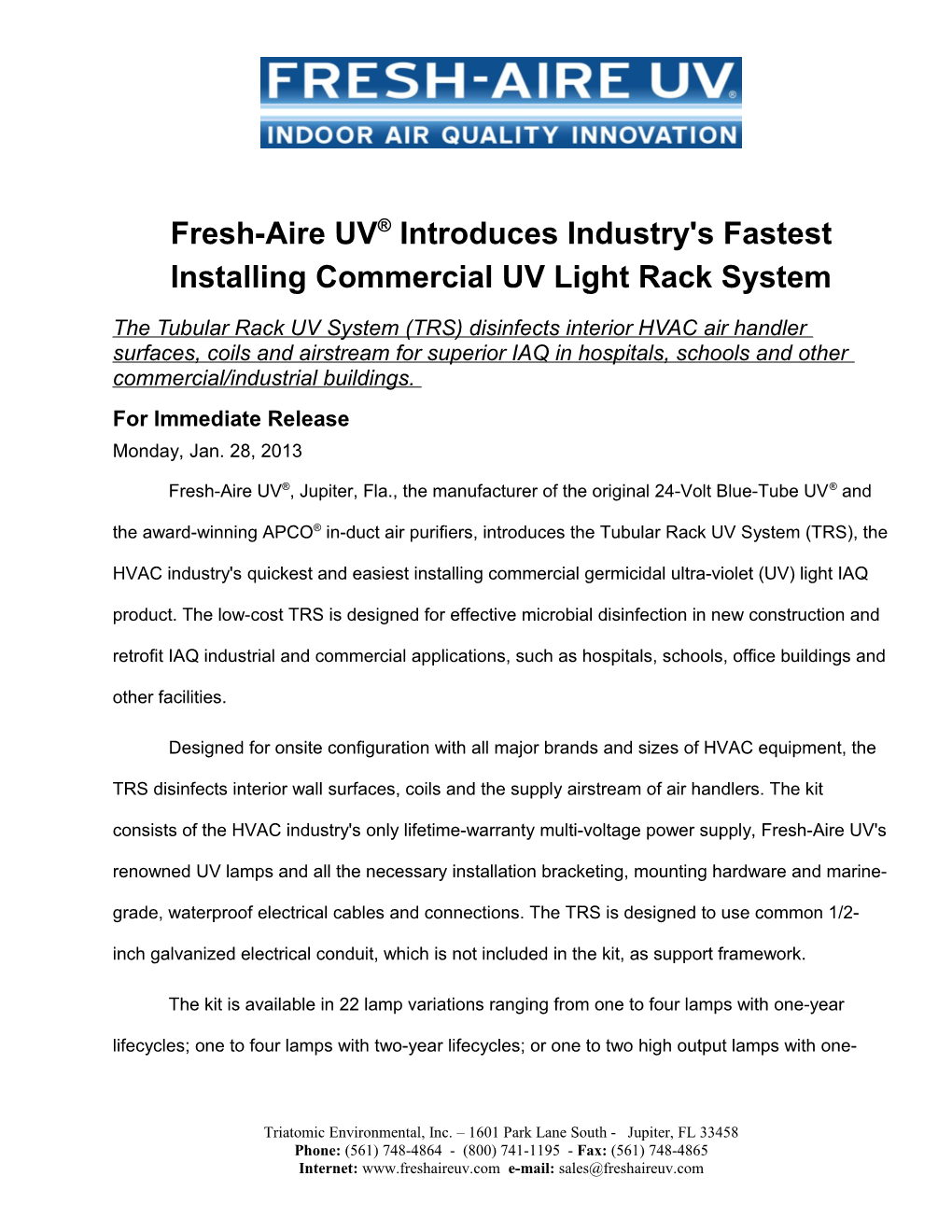 Fresh-Aire UV Introduces Industry's Fastest Installing Commercial UV Light Rack System