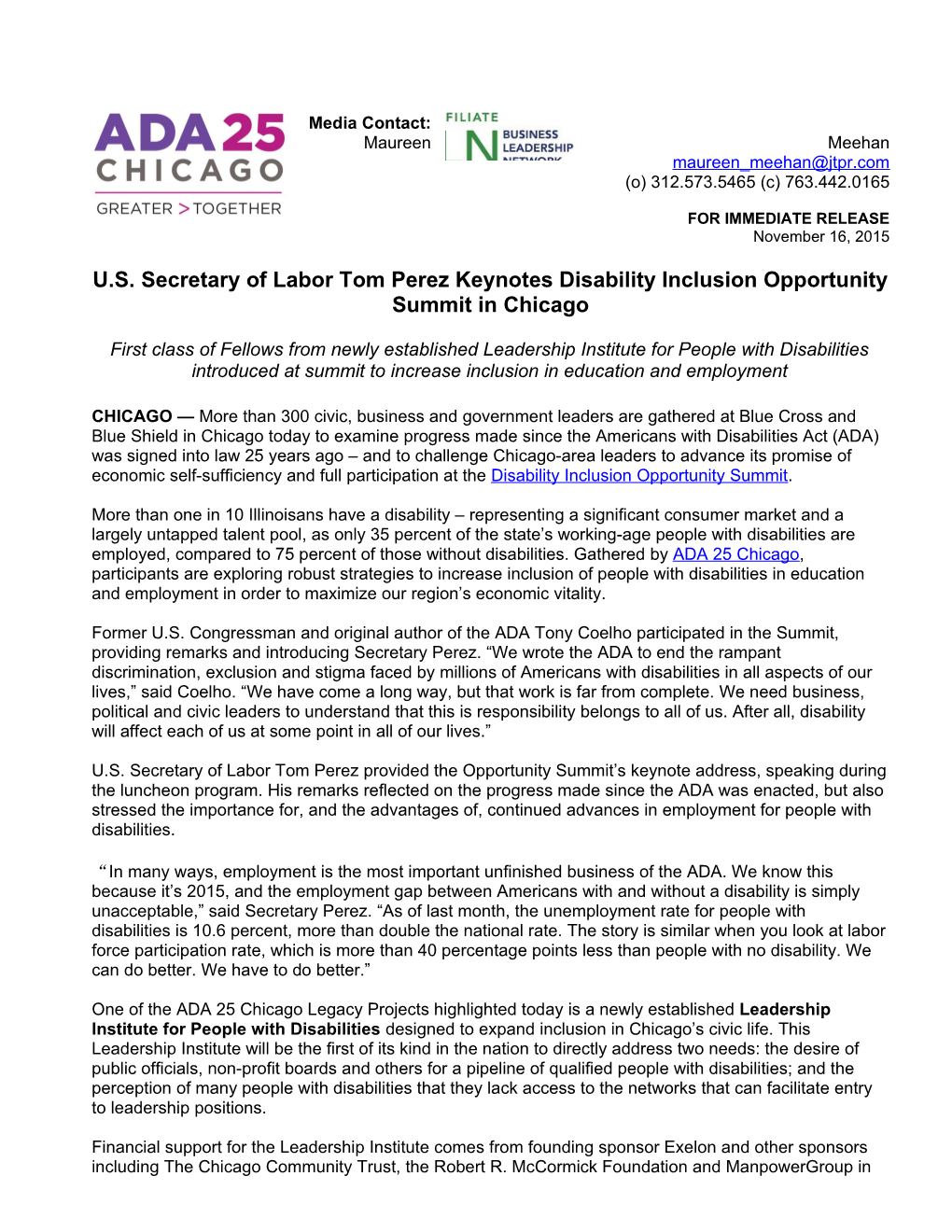 U.S. Secretary of Labor Tom Perez Keynotes Disability Inclusion Opportunity Summit in Chicago