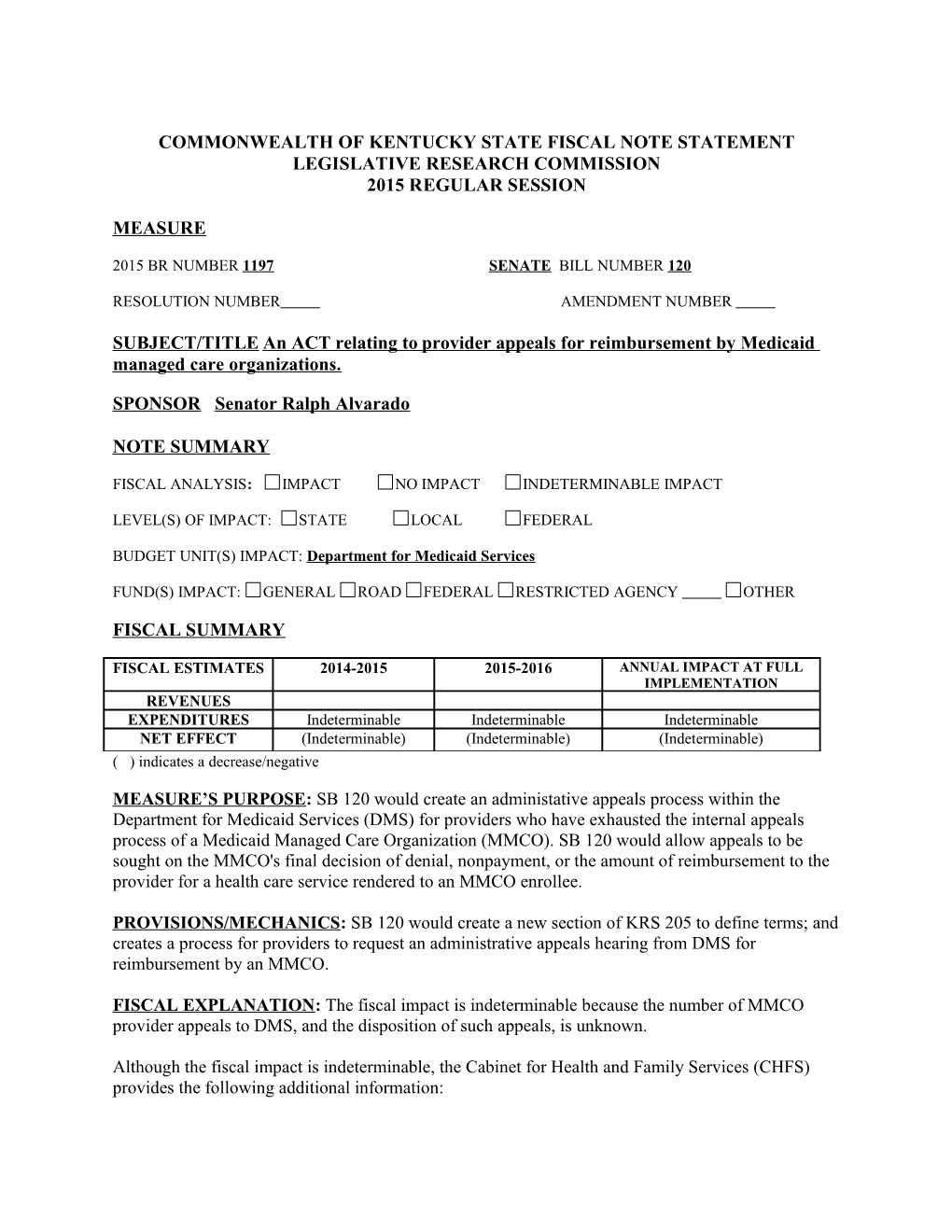 Commonwealth of Kentucky State Fiscal Note Statement s1