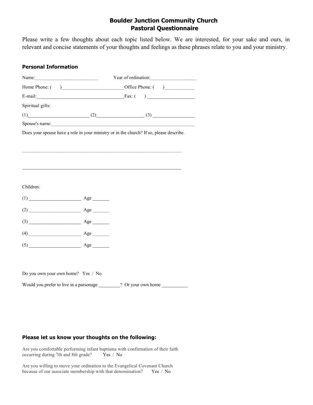 Boulder Junction Community Church Pastoral Questionnaire