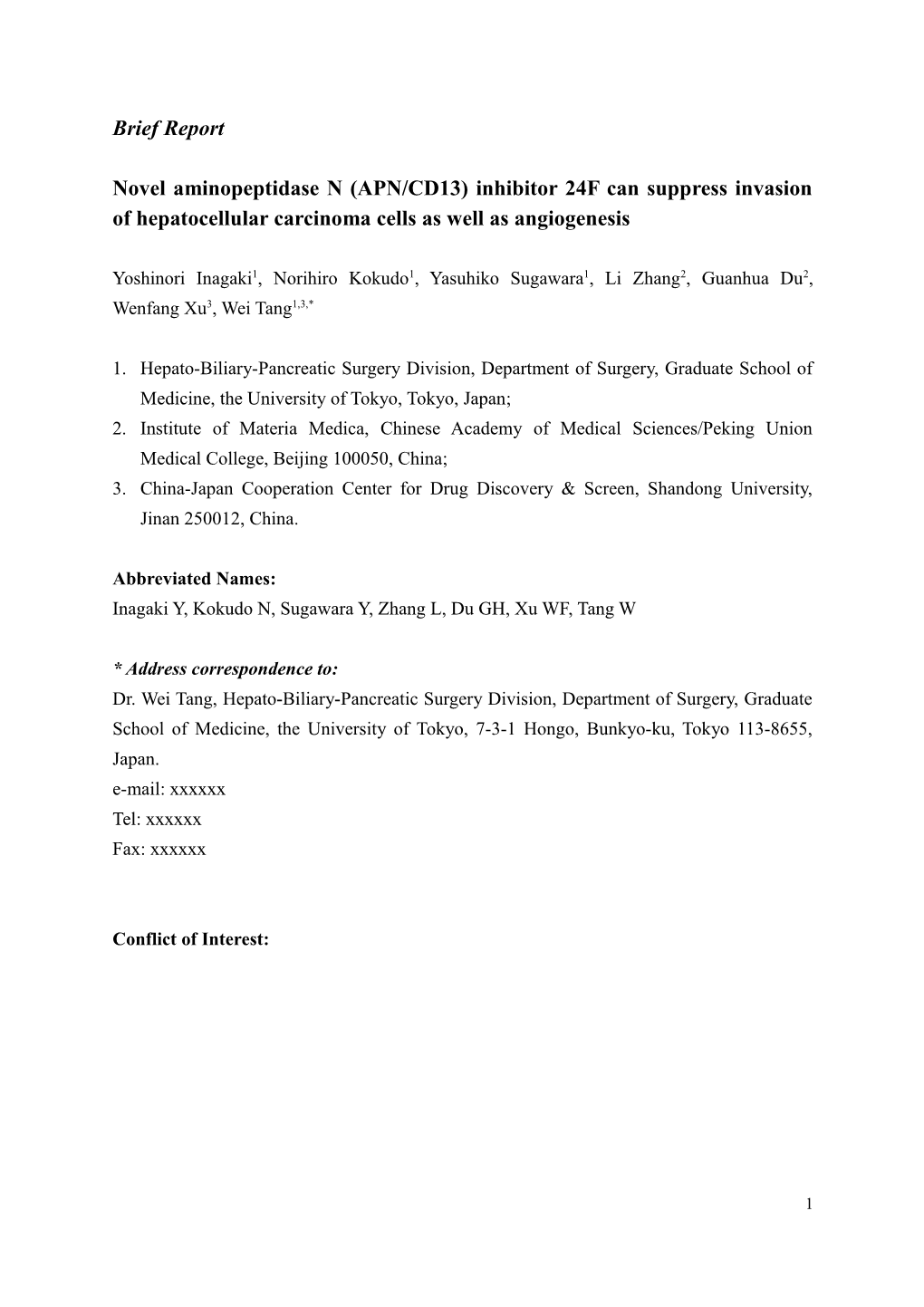 Novel Aminopeptidase N (APN/CD13) Inhibitor 24F Can Suppress Invasion of Hepatocellular