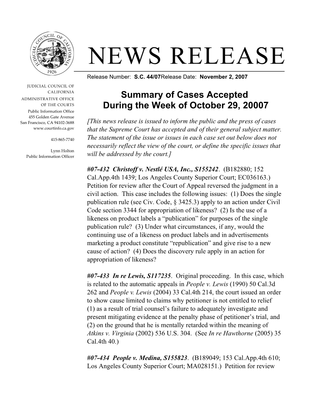 Release Number: S.C. 44/07Release Date: November 2, 2007