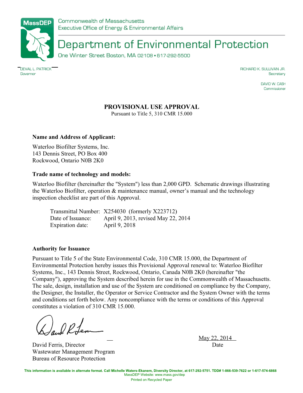Renewal of Provisional Use Approval May 22, 2014Page 1 of 15