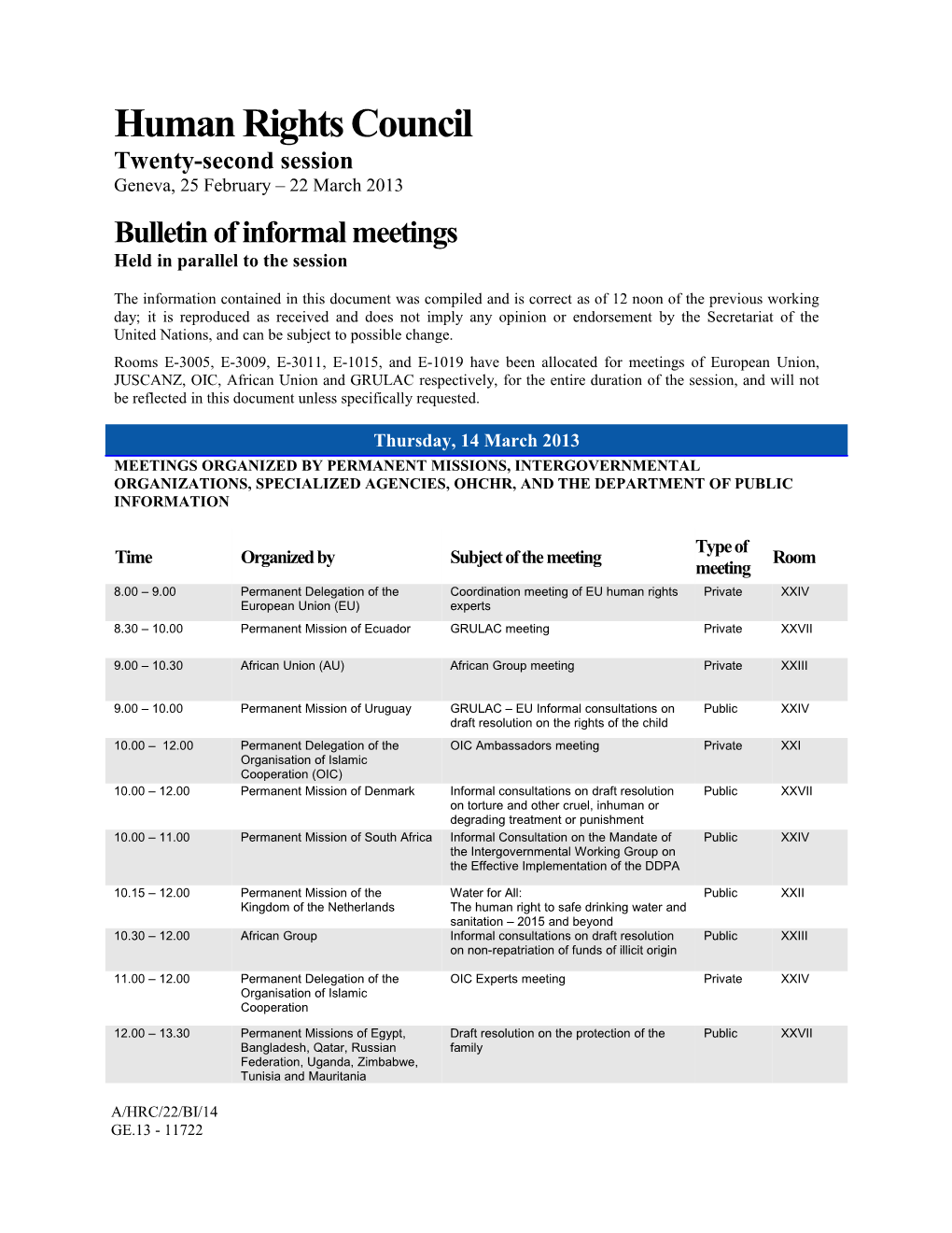 Bulletin of Informal Meetings 14 March and 15 March 2013