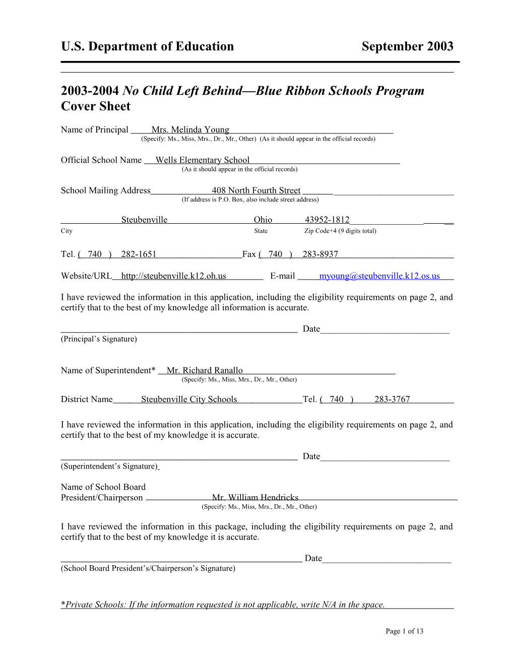 Wells Elementary School 2004 No Child Left Behind-Blue Ribbon School Application (Msword)