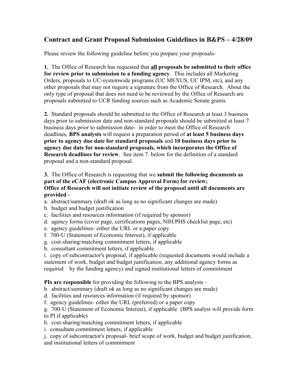 Contract and Grant Proposal Submission Guidelines in B&PS 4/28/09