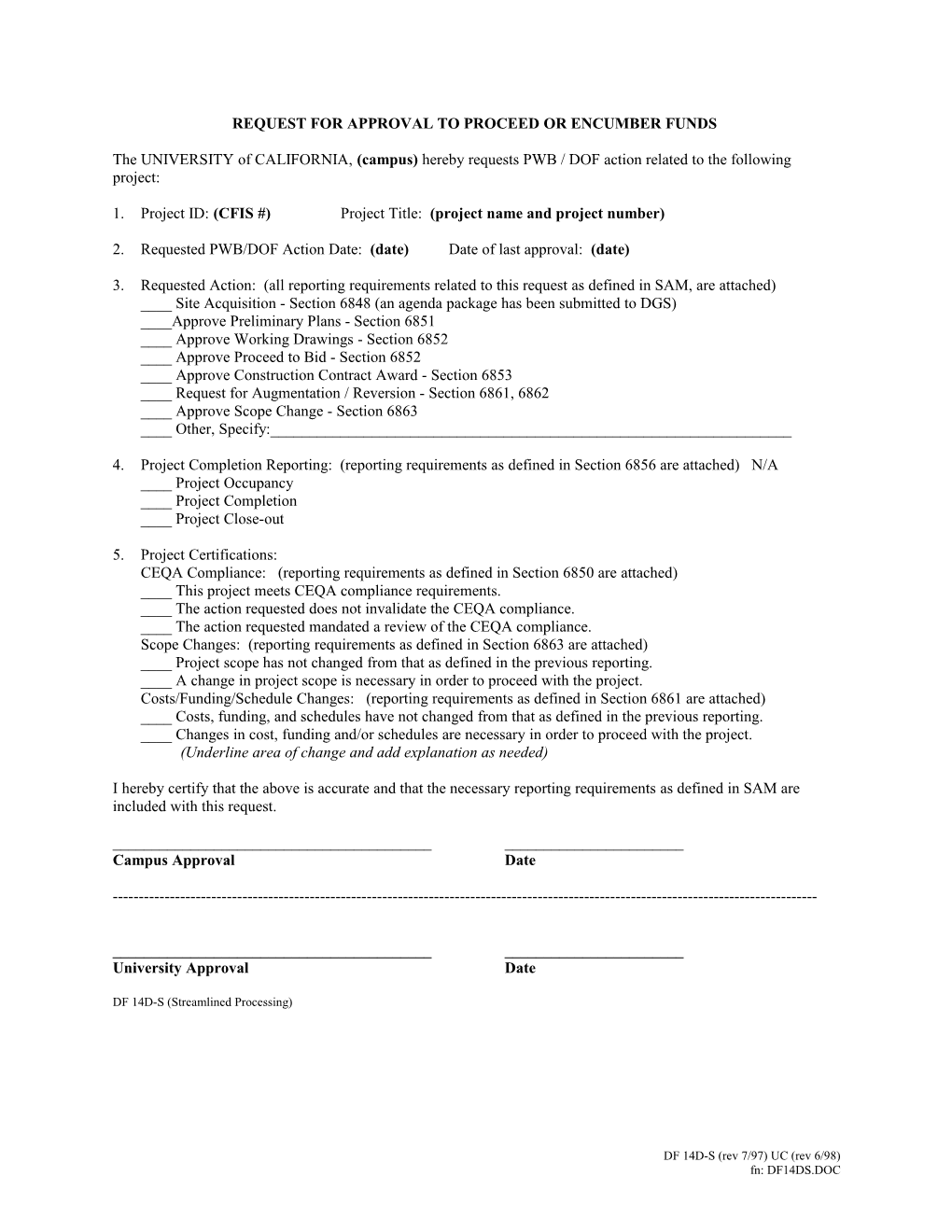 Request for Approval to Proceed Or Encumber Funds