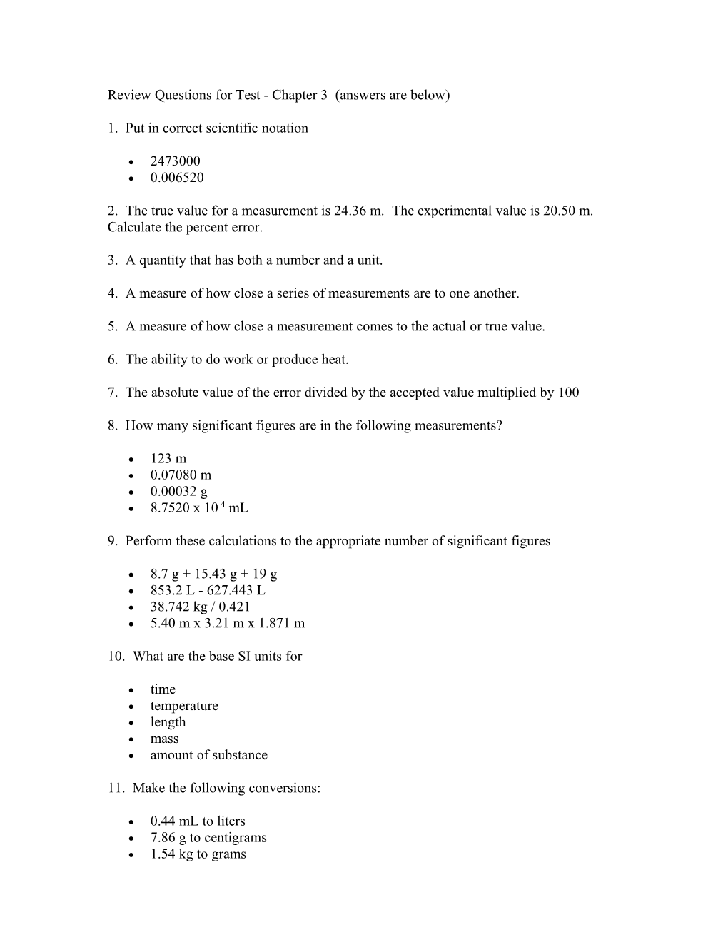 Review Questions for Test - Chapter 3 (Answers Are Below)