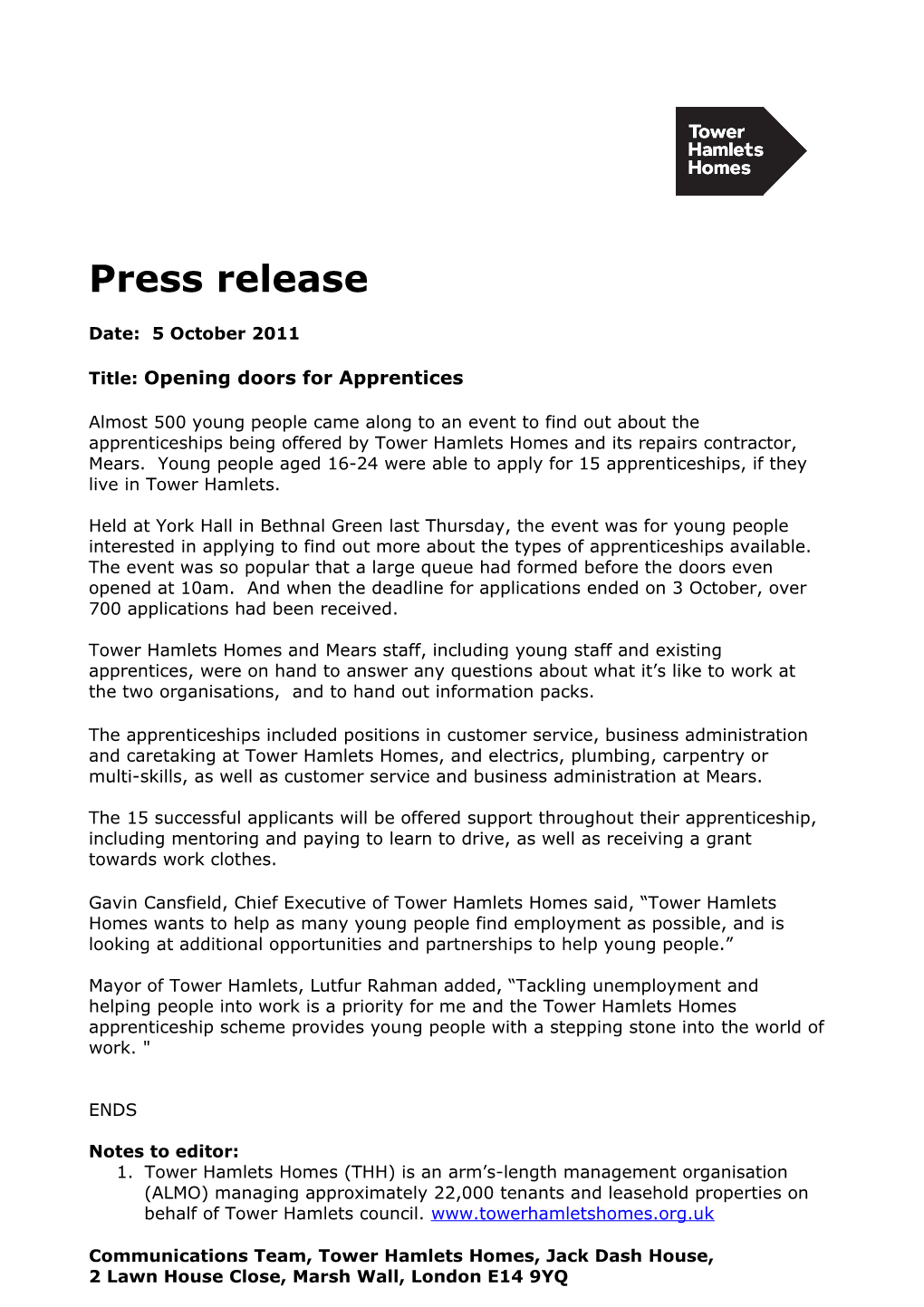 Press Release Apprentice Event 300911