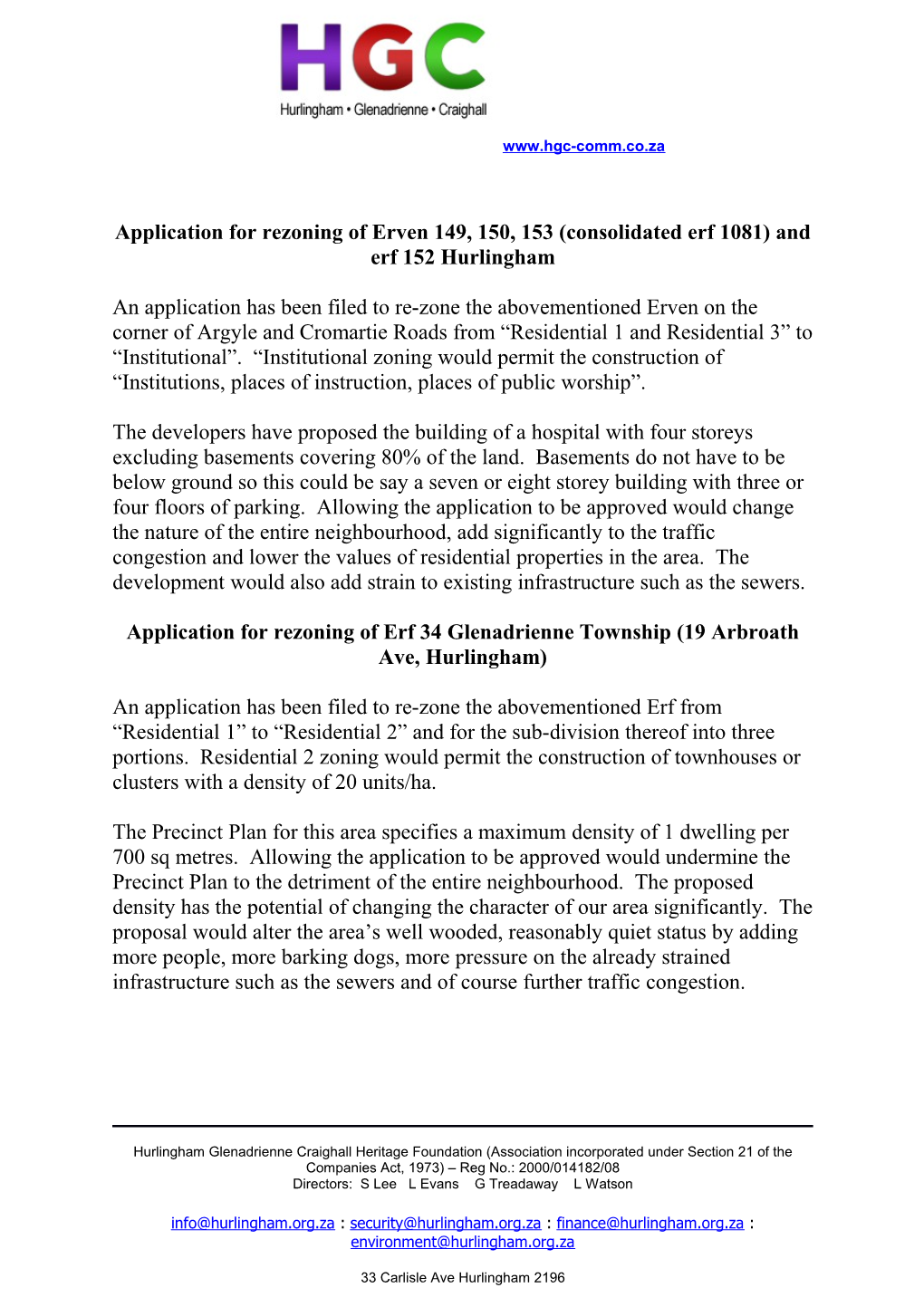 Application for Rezoning of Erven 149, 150,153 (Consolidated Erf 1081) and Erf 152 Hurlingham