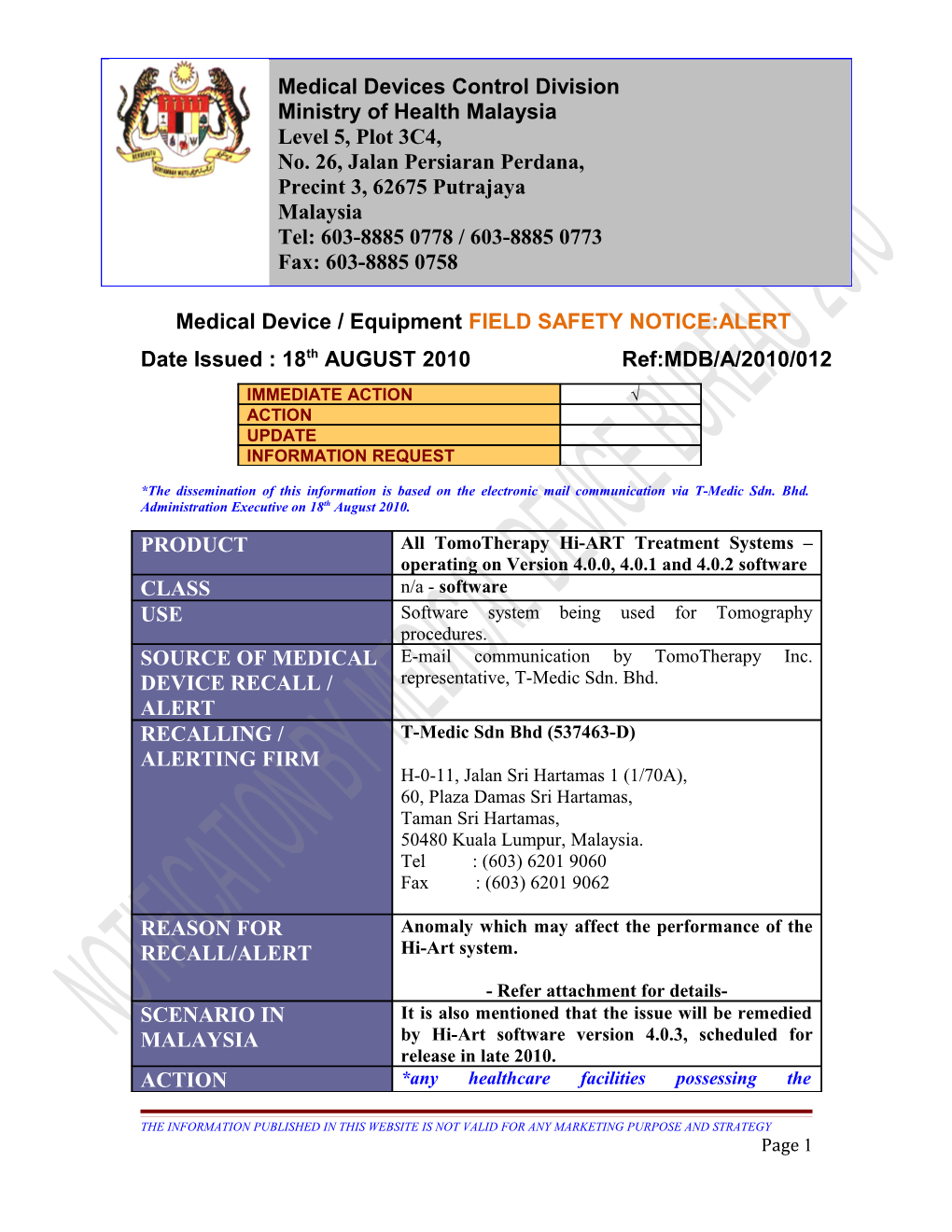Medical Device / Equipmentfield SAFETY NOTICE:ALERT