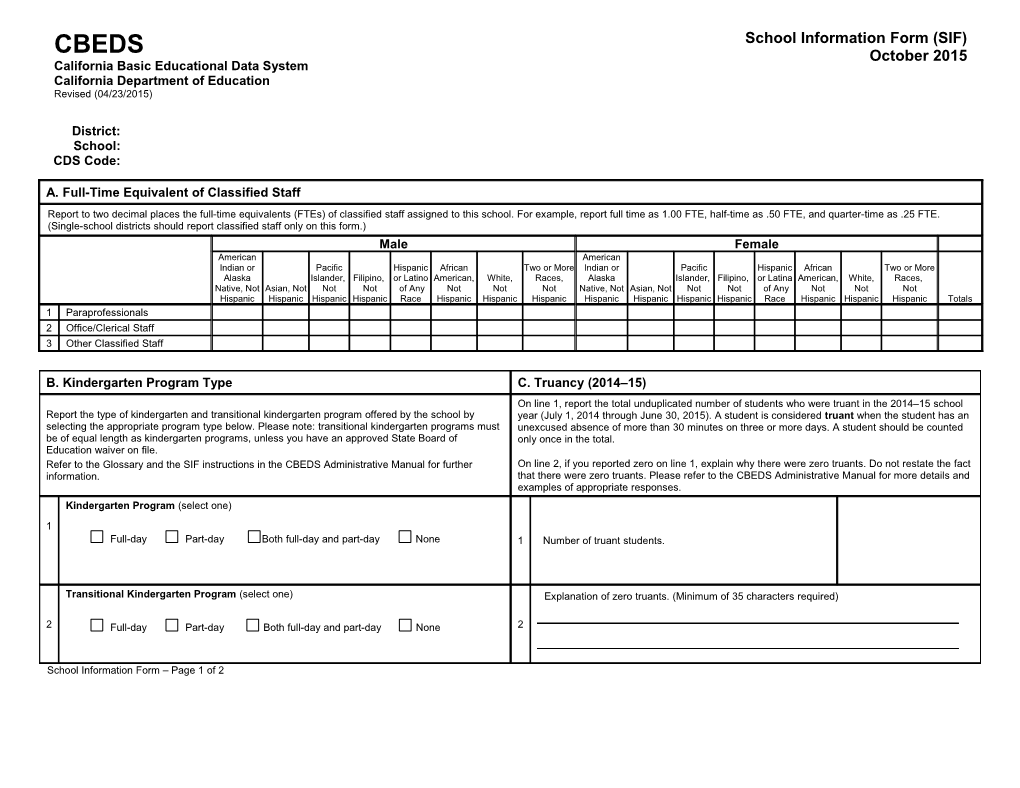 2015 School Information Form (SIF) - California Basic Educational Data System (CBEDS) (CA