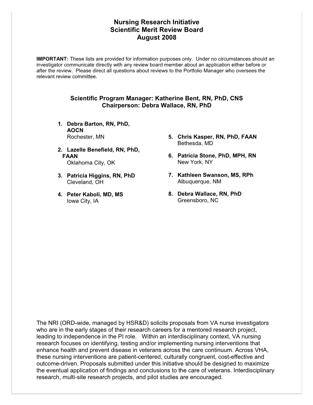 Scientific Merit Review Board: NRI