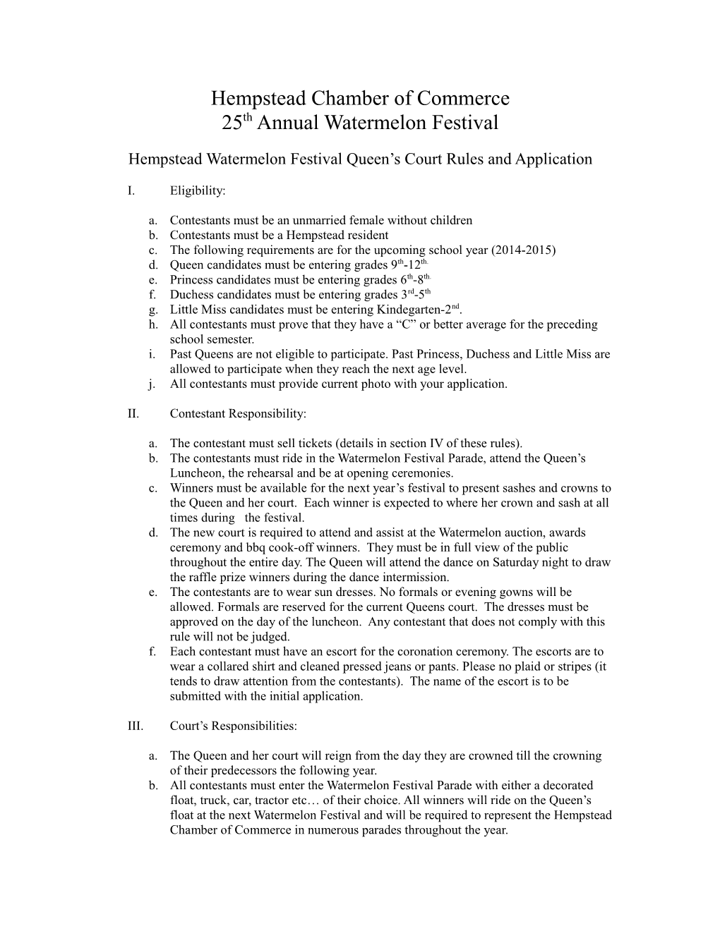 Hempstead Watermelon Festival Queen S Court Rules and Application