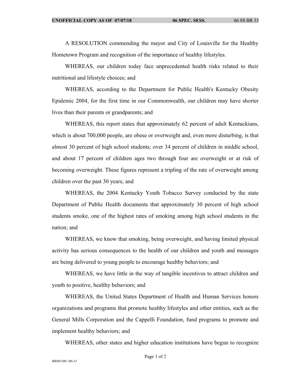 Unofficial Copy As of 06/28/06 06 Spec. Sess. 06 Ss Br 33