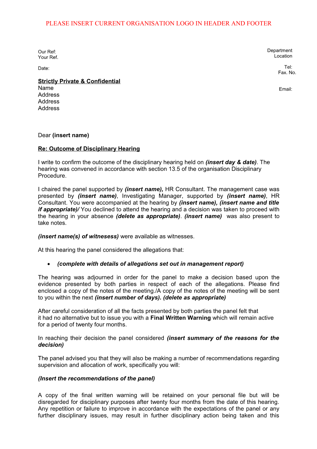 Outcome of Disciplinary Hearing - Template Letter