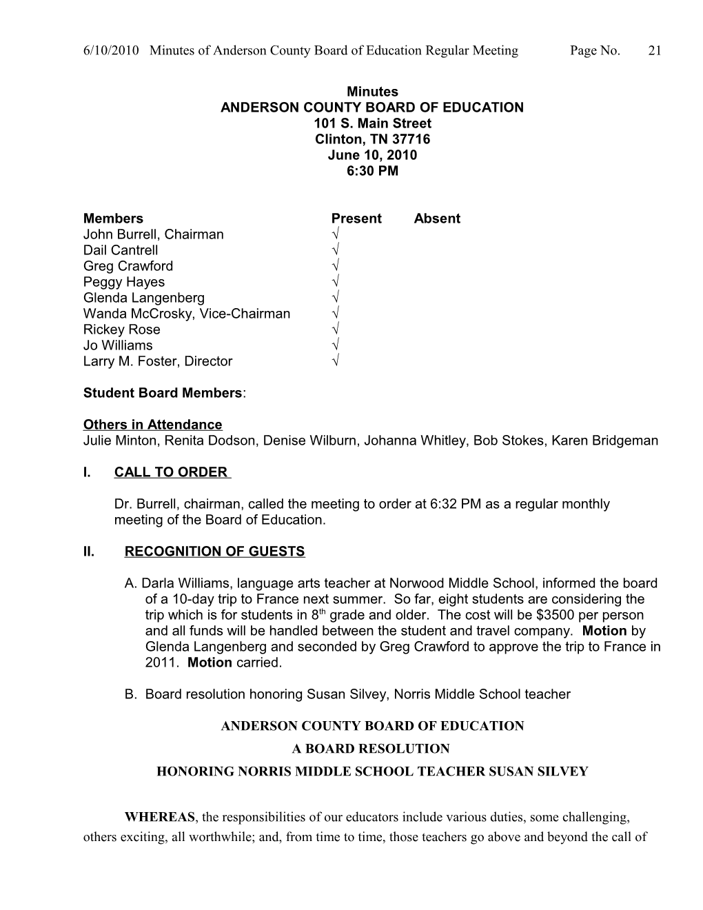 6/10/2010 Minutes of Andersoncounty Board of Education Regular Meeting Page No