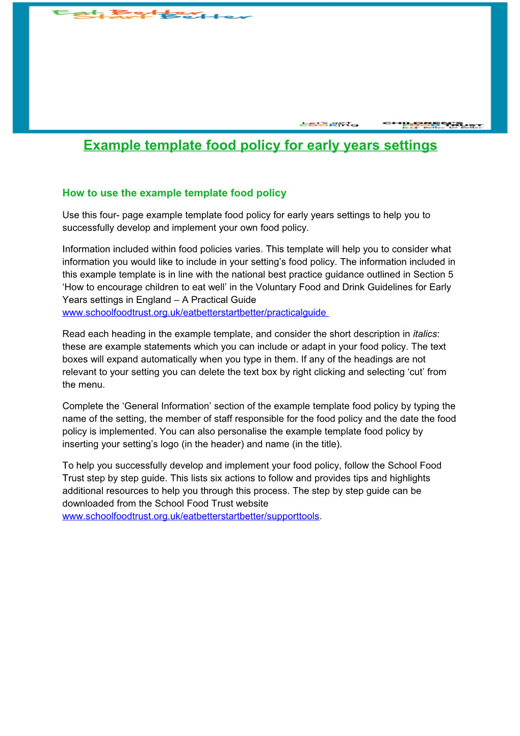 Example Template Food Policy for Early Years Settings