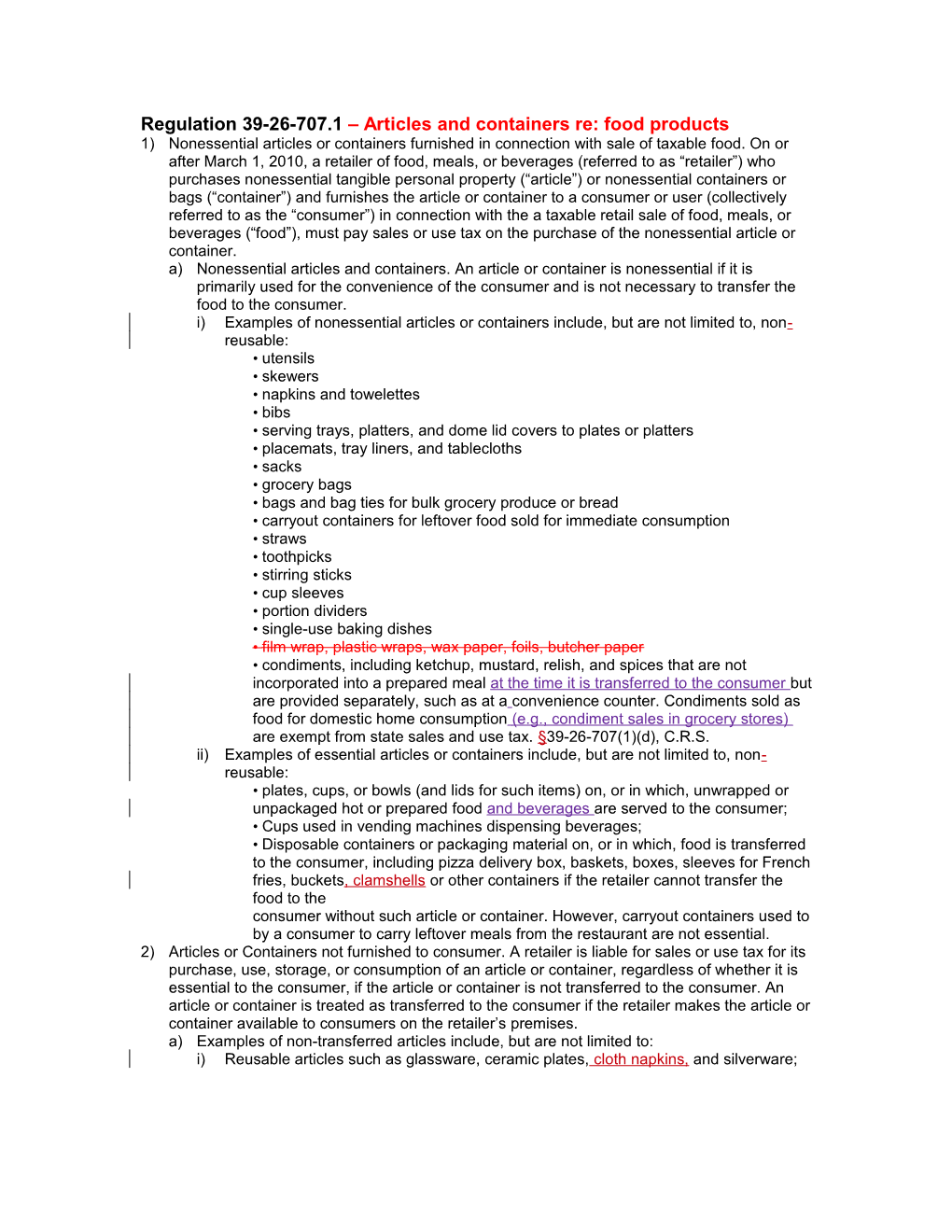 Regulation 39-26-707.1 Articles and Containers Re: Food Products