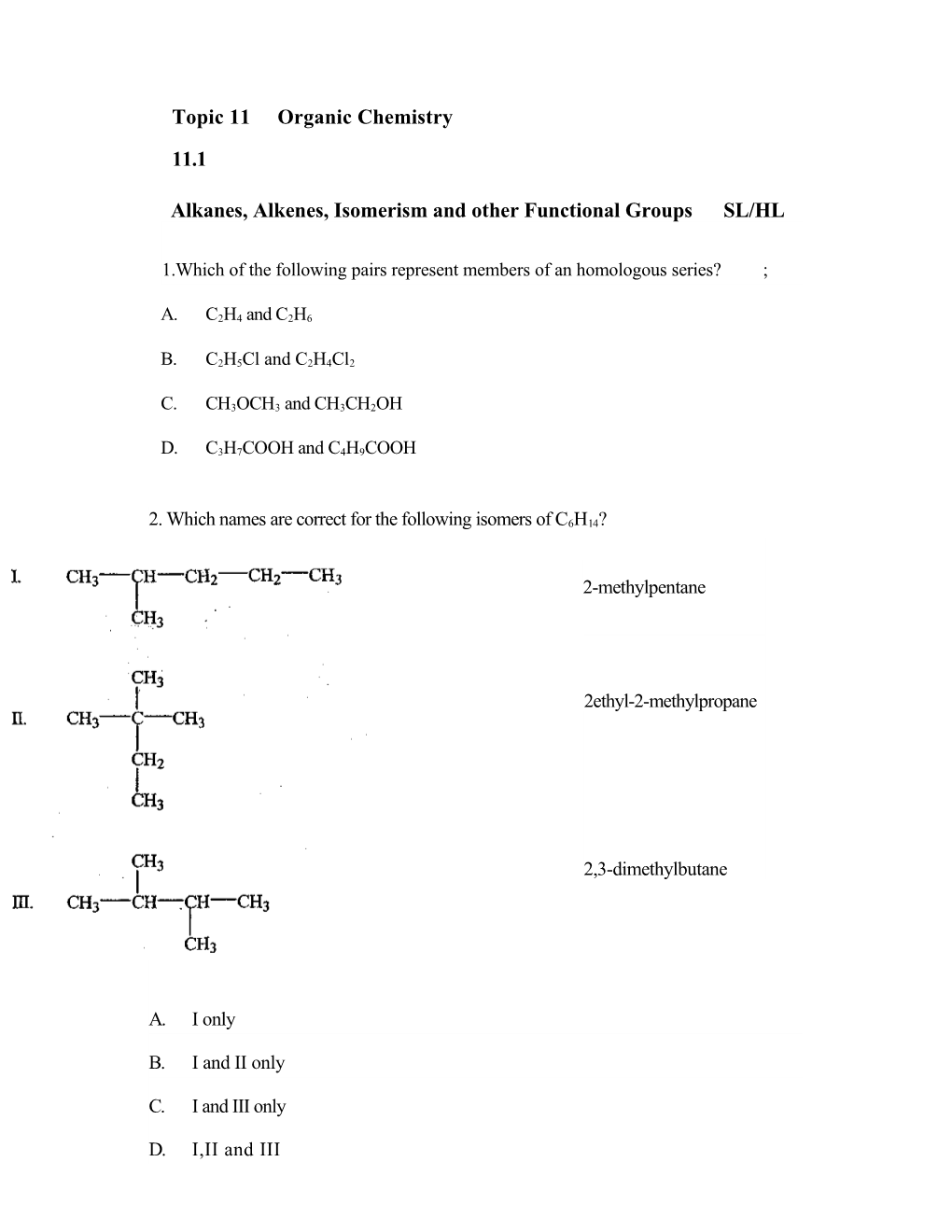 Topic 11 Organic Chemistry