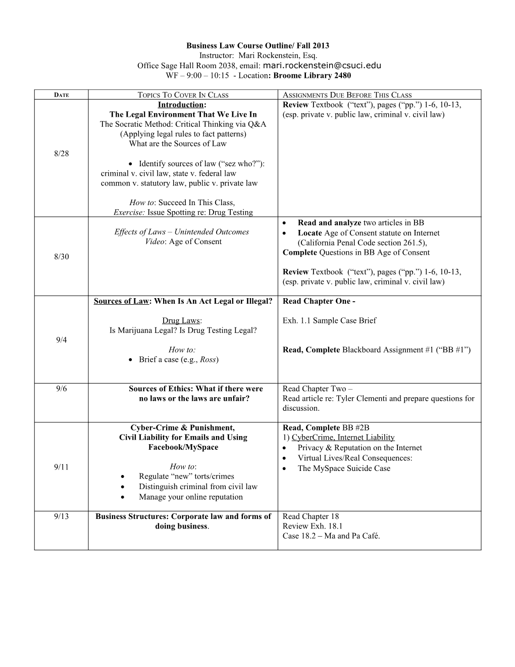 Business Law Course Outline, Fall 2008 (Bus 110 Sections 1 and 2) Syllabus Version 1 s1