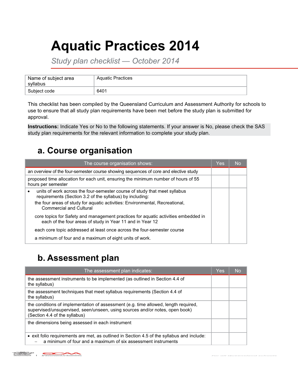 Aquatic Practices 2014 Study Plan Checklist October 2014