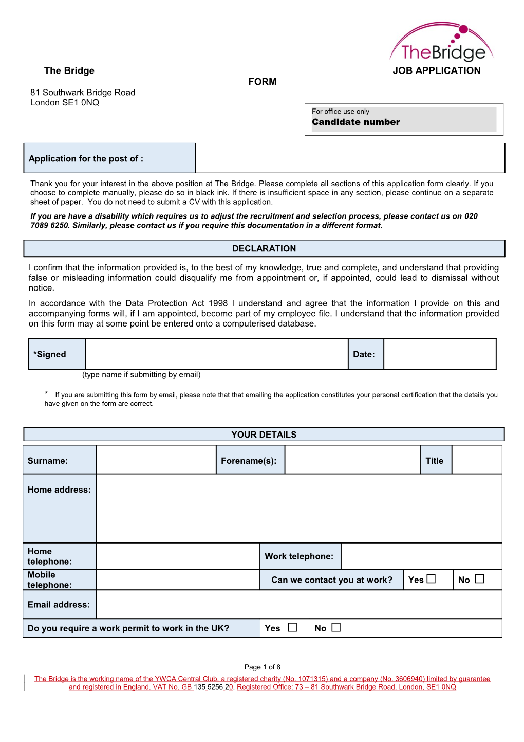 The Bridge JOB APPLICATION FORM