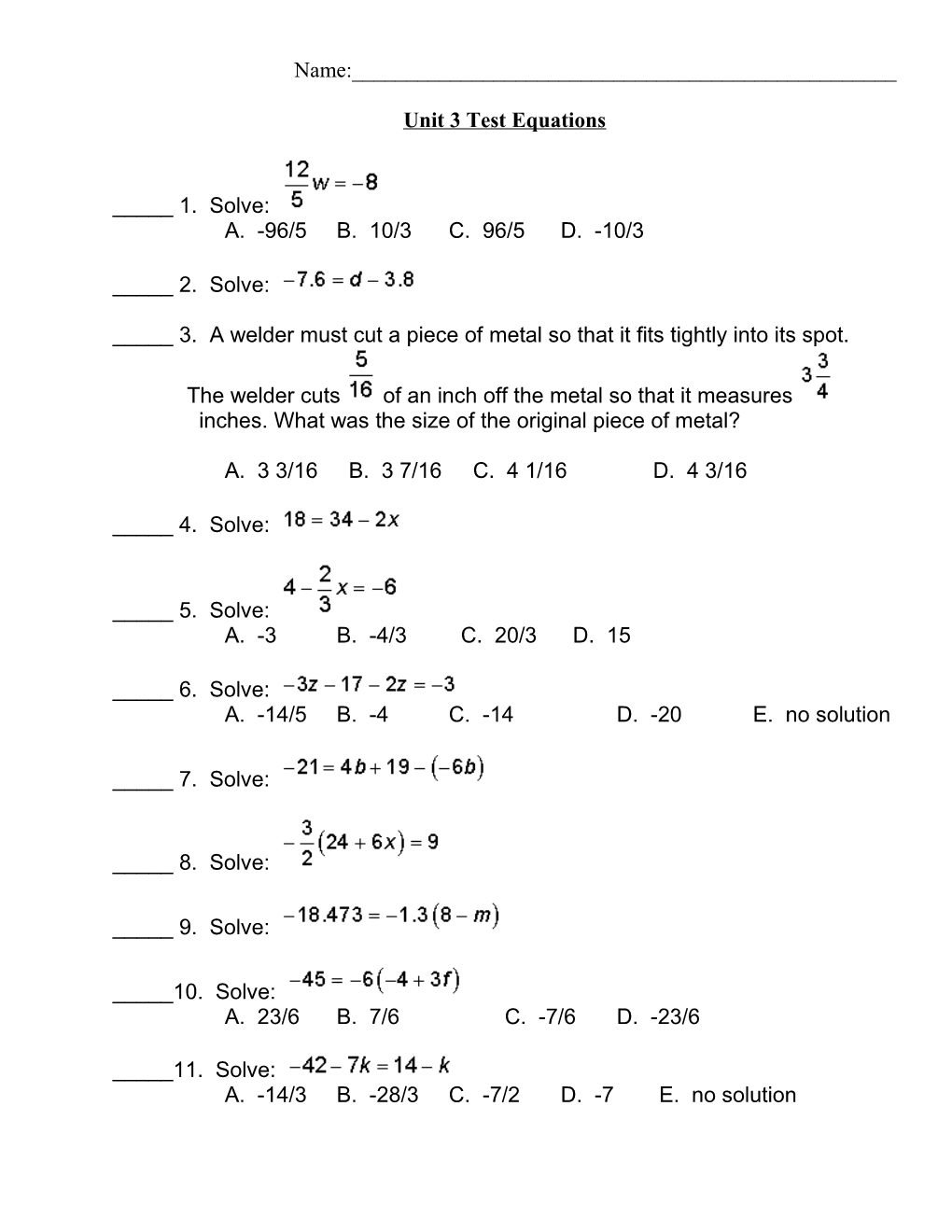 Unit 3 Test Equations