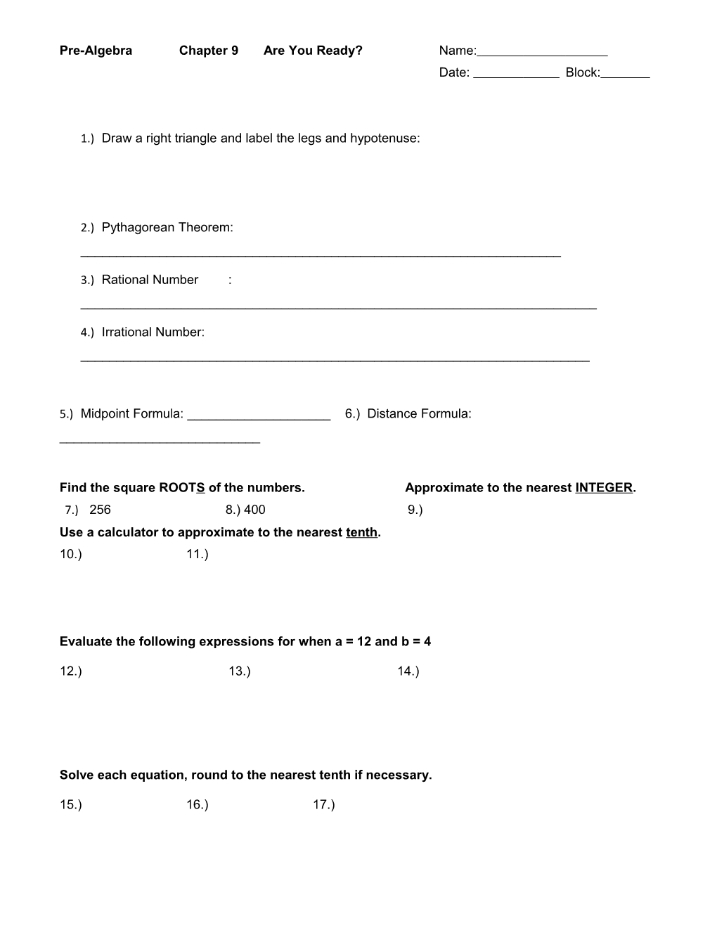 Pre-Algebra Chapter 9 Are You Ready? Name