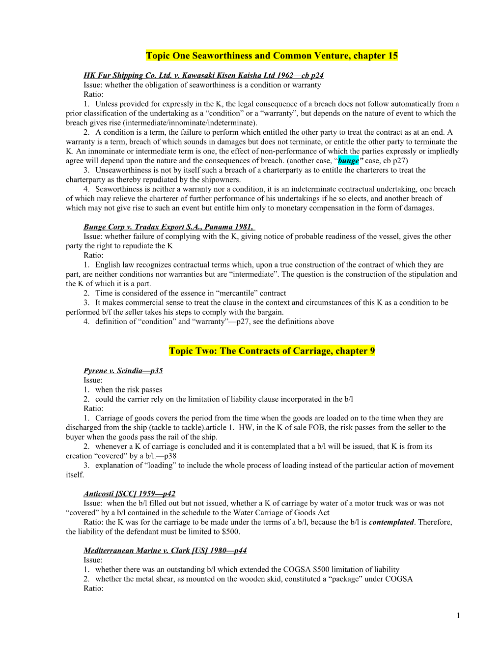 Topic One Seaworthiness and Common Venture, Chapter 15