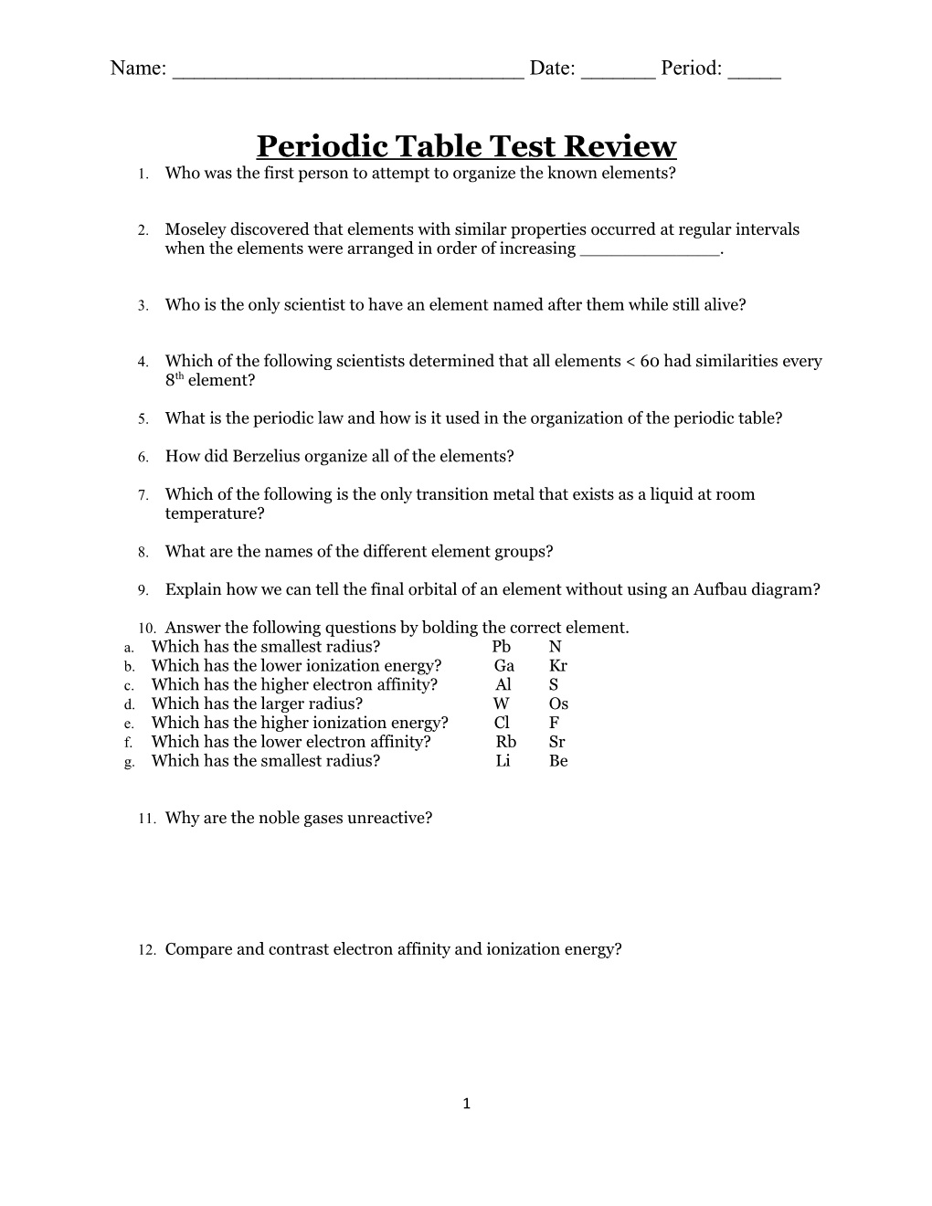 Periodic Table Test Review