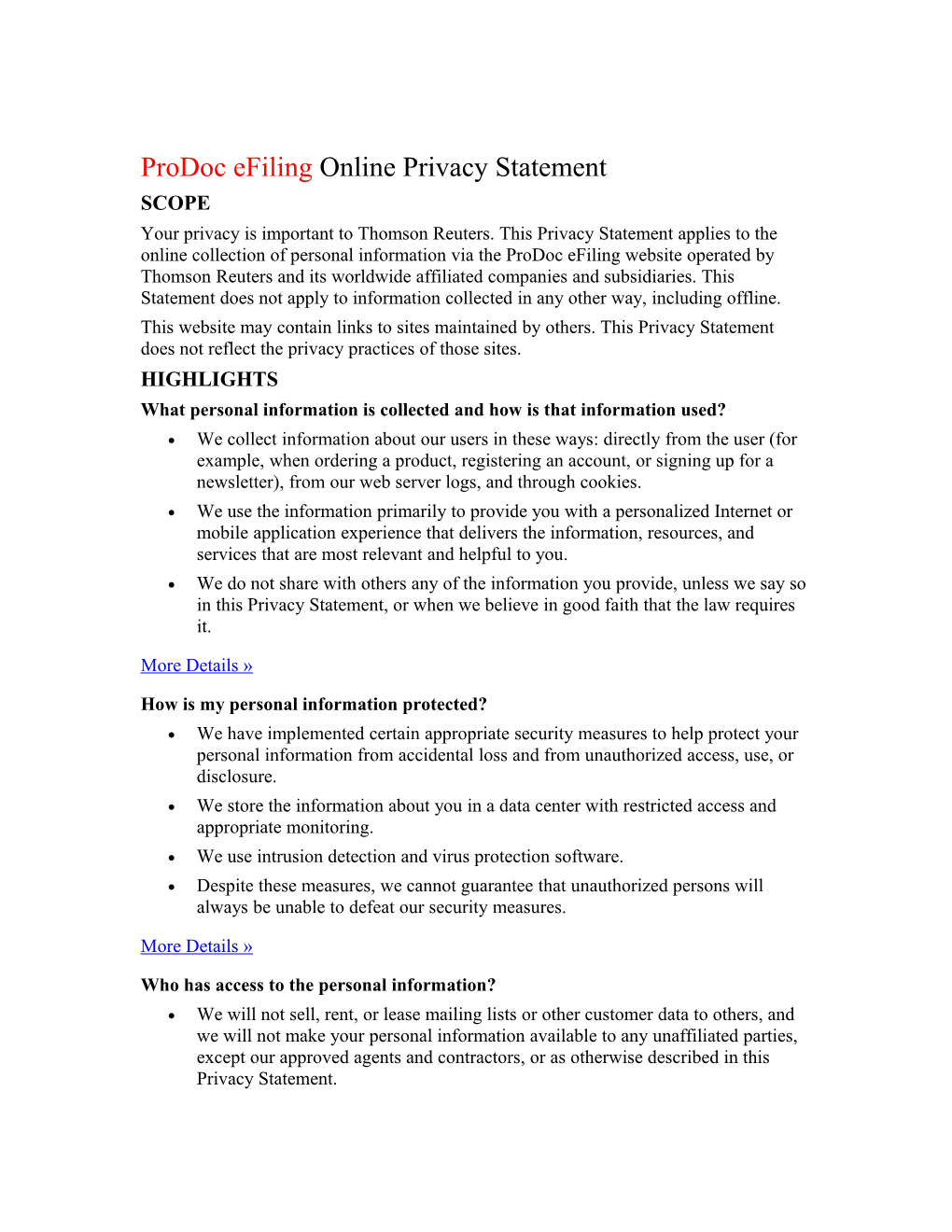 Prodoc Efiling Online Privacy Statement