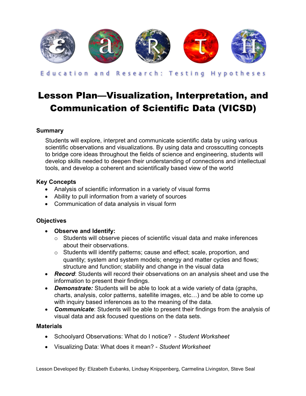 Lesson Plan Visualization, Interpretation, and Communication of Scientific Data (VICSD)