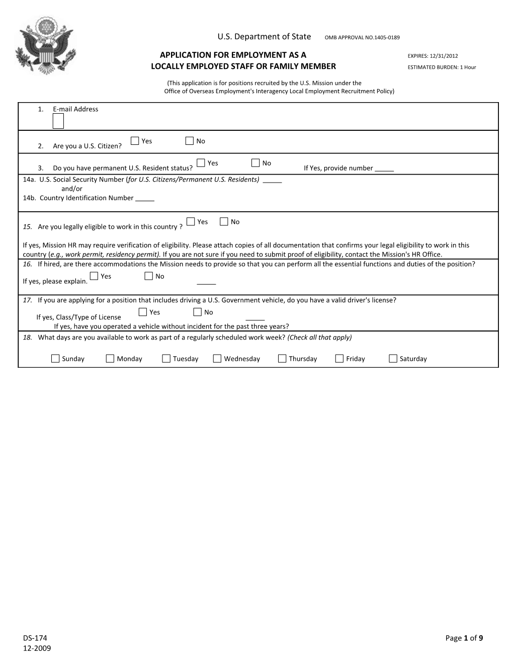 Application for Employment As a Expires: 12/31/2012