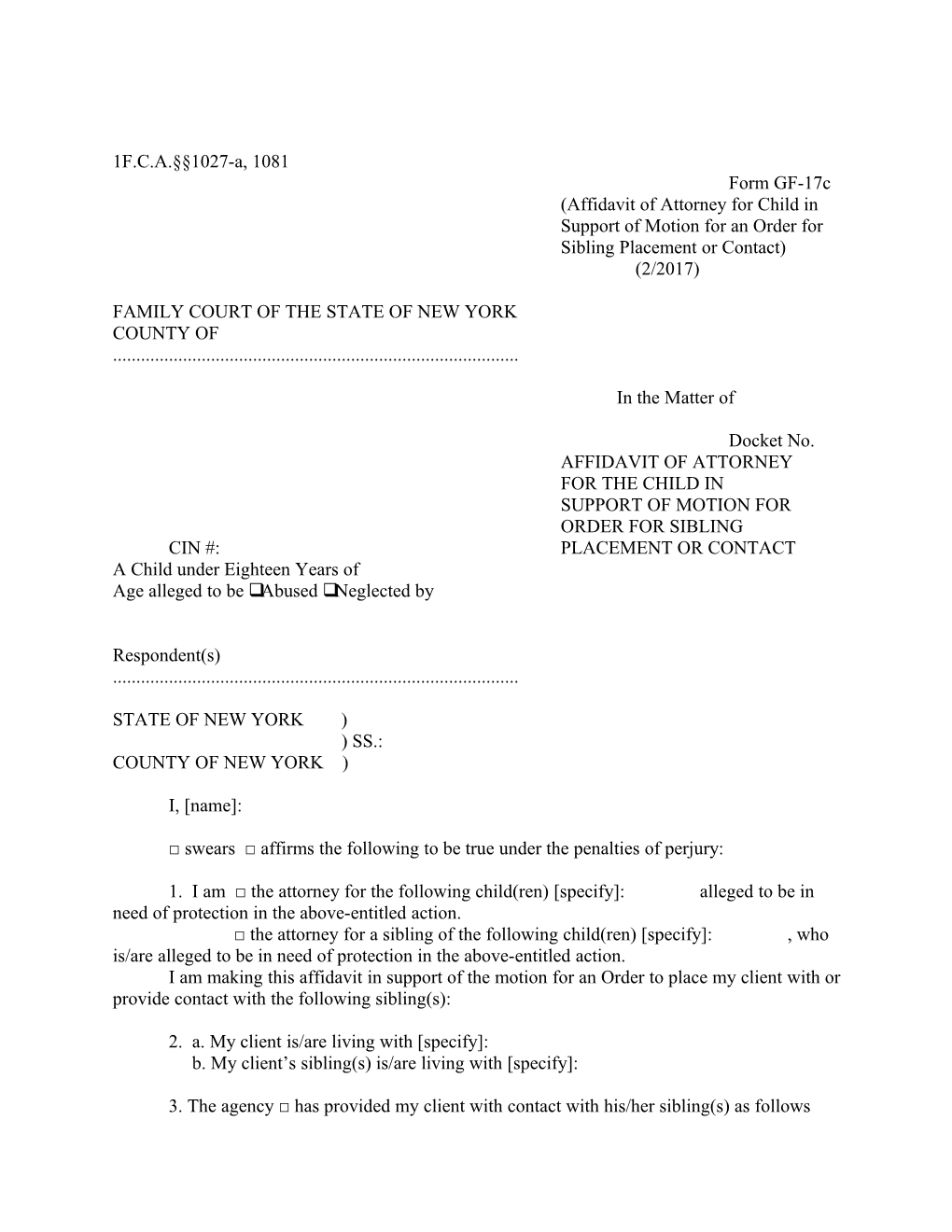 (Affidavit of Attorney for Child in Support of Motion for an Order for Sibling Placement