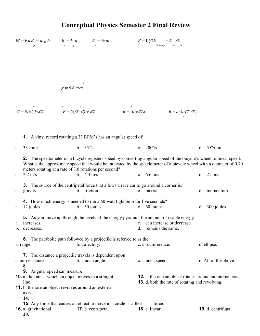 Conceptual Physics Semester 2 Final Review