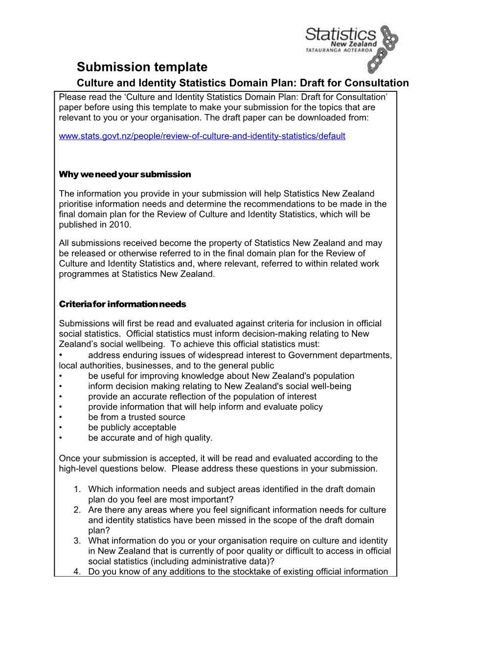 Culture and Identity Statistics Domain Plan: Draft for Consultation