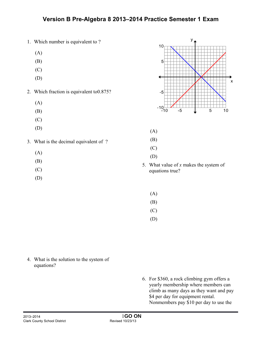 Version B Pre-Algebra 8 2013 2014 Practice Semester 1Exam