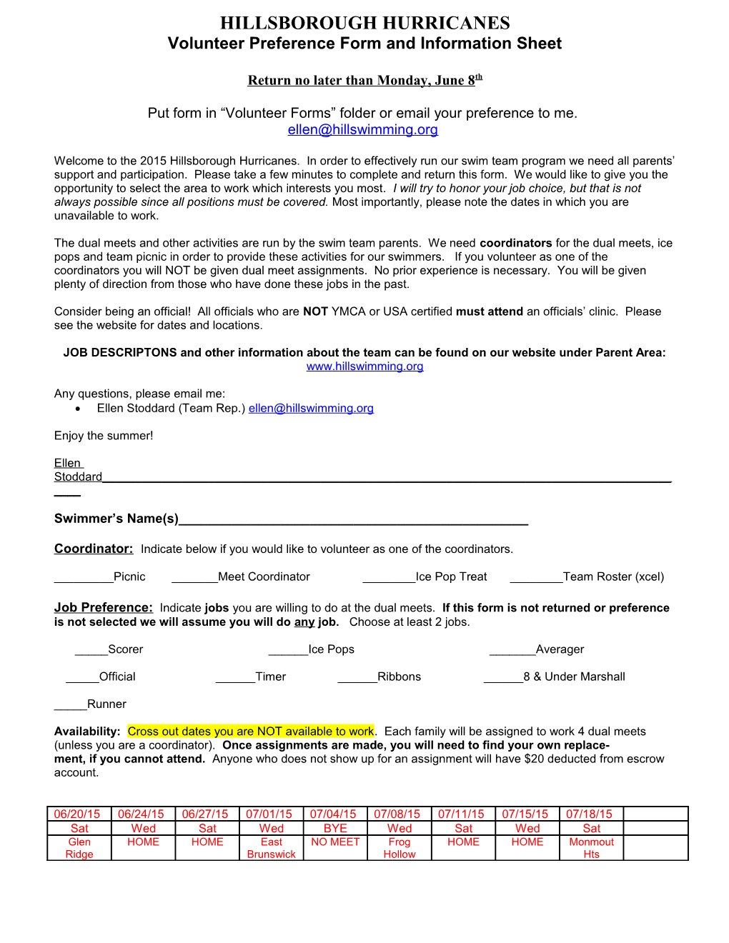 Volunteer Preference Form and Information Sheet